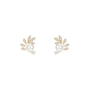 Elegant gold leaf earrings with micro-paved zircons and a central round white pearl