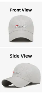 Close-up of breathable light gray mesh fabric and embroidered FEWK logo on baseball cap