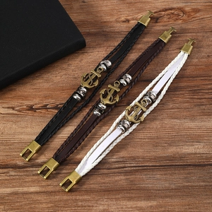 Vintage multi-layer leather anchor bracelets in black, brown, and white colors