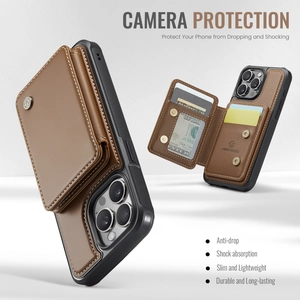 Detail view of brown leather wallet case showing card slots and magnetic closing buckle