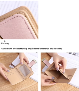 Detail of pink faux leather wallet showing card slots, stitching and interior layout