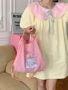 Pink Oxford tote bag with cute elephant embroidery and colorful braided rope handles