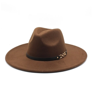 Detailed shot of dark brown wool fedora with a black band and gold chain buckle detail