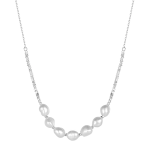 Detail of silver S925 necklace featuring seven baroque pearls on a fine chain link