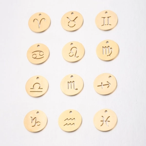 Detailed view of twelve gold 15mm zodiac sign pendants with hollow circular metal design