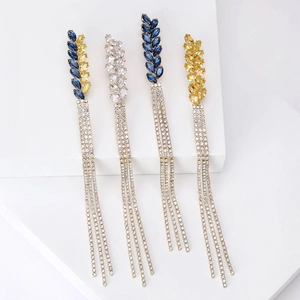 Elegant Wheat Ear Long Tassel Dangle Earrings Shiny Rhinestone Inlay Leaf Design Alloy Jewelry For Women Trendy Party Style