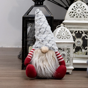 Nordic Christmas gnome plush with gray faux fur hat and red striped arms decoration