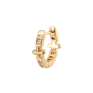Golden cross hoop earring with cubic zirconia stones for men and women on white background