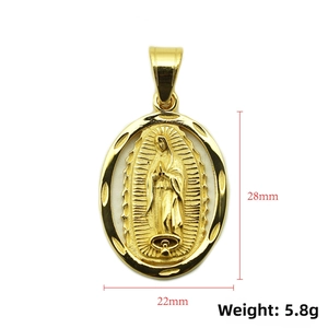Detailed view of gold Virgin Mary oval pendant with dimensions 28mm by 22mm
