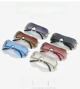 Collection of wrap-around Y2K sunglasses in six vibrant colors with metallic temples