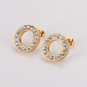 Minimalist gold stainless steel round stud earrings with shimmering crystal accents