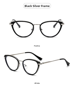 Macro detail of black and silver cat-eye frames with stylish metallic bridge and temples