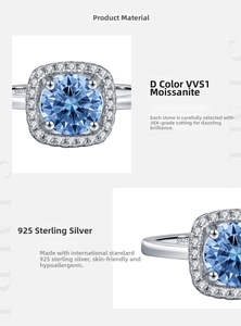 Macro detail of S925 sterling silver ring with blue moissanite halo and S925 hallmark