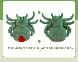 Front and back detail of green plush spider toy with measurement guide 1-3cm