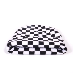 Classic black and white checkerboard jacquard knit beanie hat with rolled edge for winter style