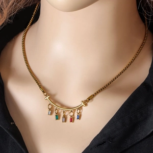 Bohemian gold stainless steel necklace with smile bar and five colorful rectangle pendants