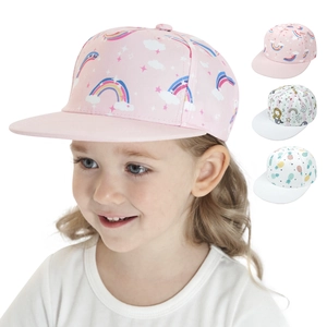 Kids flat brim baseball cap with pink rainbow print and hip hop style for girls and boys