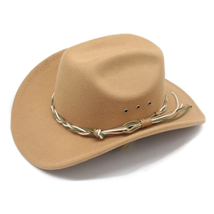 Detail view of khaki western cowboy hat with woven cord and metal ventilation eyelets