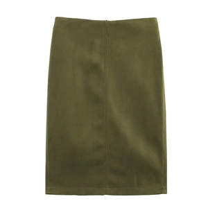 Flat lay detail of an army green suede skirt with a slim H-line cut on a white background