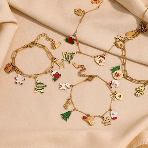 Collier Et Bracelet À Breloques De Noël Plaqué Or 18K Acier Inoxydable 316L Émail Renne Bijoux De Vacances Pour Femmes