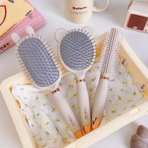Three-piece beige hairbrush set with cute rabbit and bear ears for daily styling
