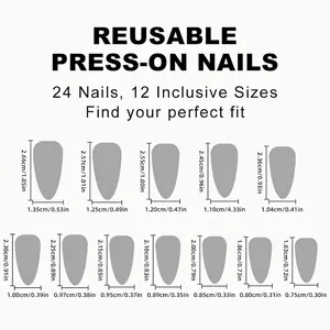 Size chart showing 24pcs purple cat eye press-on nails in 12 different sizes for women