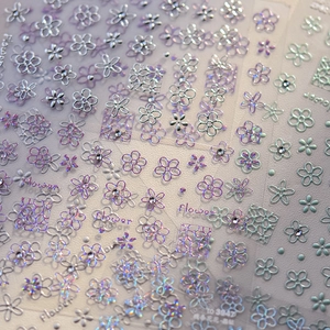 Autocollants ongles fleurs 3D argent métallique avec effet arc-en-ciel laser et motifs
