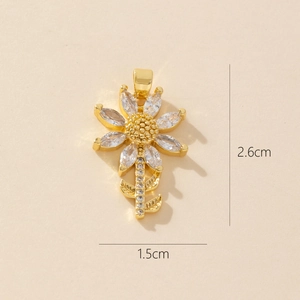 Golden sunflower pendant necklace with zircon crystals and precise dimensions 26x15mm
