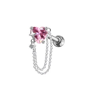Clou d'oreille en acier inoxydable avec zircon cœur rose et chaînes pendantes argentées