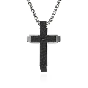 Cross Pendant Necklace Stainless Steel Hammered Beveled Two-Tone Zircon Inlay Streetwear Hip Hop Men Jewelry