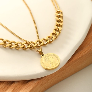 Double-layered 18k gold plated stainless steel necklace with Queen Elizabeth coin pendant