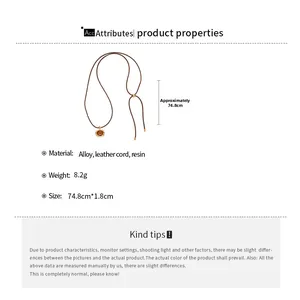 Detail view of resin pendant necklace with dimensions 74.8cm length and 1.8cm diameter