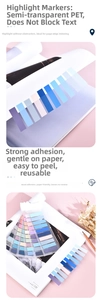 Detailed view of Morandi semi-transparent PET index tabs for page marking and notebook indexing