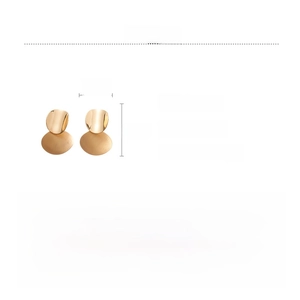 Detailed spec sheet showing golden oval geometric earrings with dimensions and material