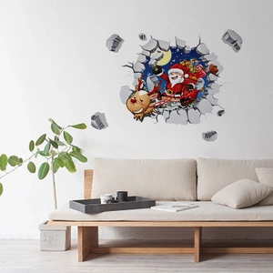 3D Christmas wall sticker of Santa on a reindeer sleigh crashing through a brick wall