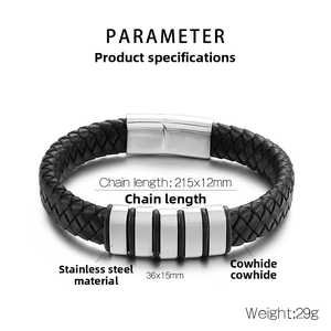 Détails du bracelet en cuir tressé noir avec longueur de 215mm et fermoir en acier inoxydable