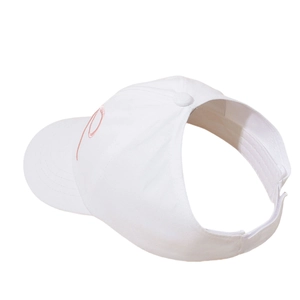 Close-up of white sun visor with pink letter embroidery and adjustable back strap