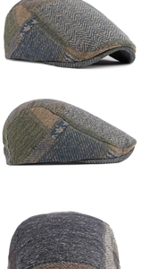 Detailed close-up of a vintage patchwork flat cap featuring mixed tweed textures and patterns