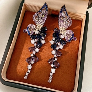 Butterfly Tassel Copper Dangle Earrings With Multi Color Cubic Zirconia And Silver Earring Post Vintage Luxury Women