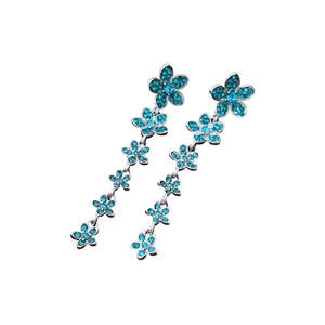Vintage silver flower drop earrings with turquoise zircons and long tassel design
