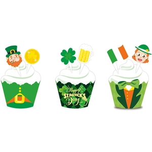 St. Patrick's Day cupcake wrappers and toppers set with shamrock and gnome motifs