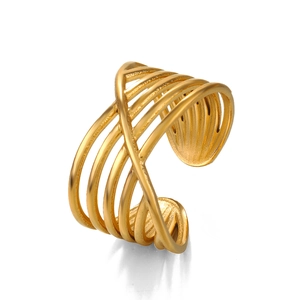 Polished gold multi-layer cross line stainless steel open ring shown at 45-degree angle