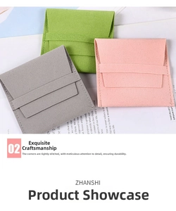 Detail of pink, green and grey microfiber jewelry pouches with flap and strap closure