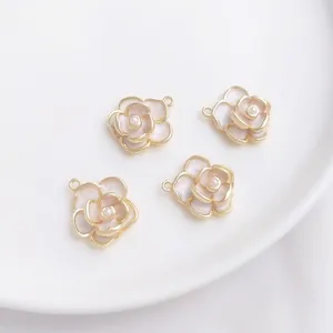 Camellia Flower Pendant Charms 14K Gold Plated Copper Enamel Artificial Pearl DIY Jewelry Making Component Elegant Vintage Floral Accessory