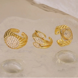 Elegant Adjustable Ring 18K Gold Plated Copper Cubic Zirconia Geometric Retro Minimalist Jewelry For Women Daily Gift