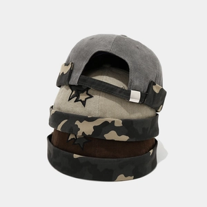 Retro Miki Hats with camouflage brim and star embroidery in grey, beige, and brown colors