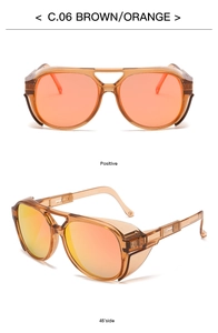Front and 45-degree side views of retro brown frame sunglasses with orange polarized lenses