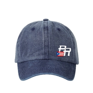Adjustable washed denim baseball cap featuring Puerto Rico flag and PR letters embroidery