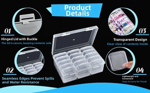 Detail view of transparent storage box with multiple small inner containers for beads