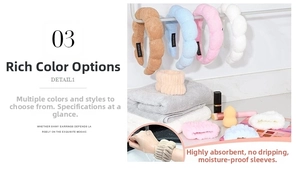 Detail view of plush headband and wristband set for face washing in multiple soft colors